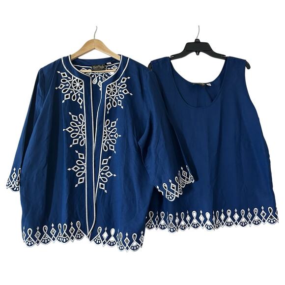 Bob Mackie 2pc Top Jacket Set 1X Blue White Embroidered Eyelet Linen Blend - Picture 1 of 13